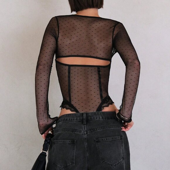 Black Casual Women's Spaghetti Strap Lace Patchwork Corset Bodysuit - Picture 2 of 7